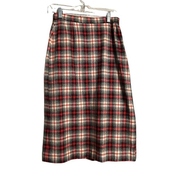 Vintage Pendleton Red Green Plaid Virgin Wool Skirt Sz 12 Waist 26” - Picture 3 of 12